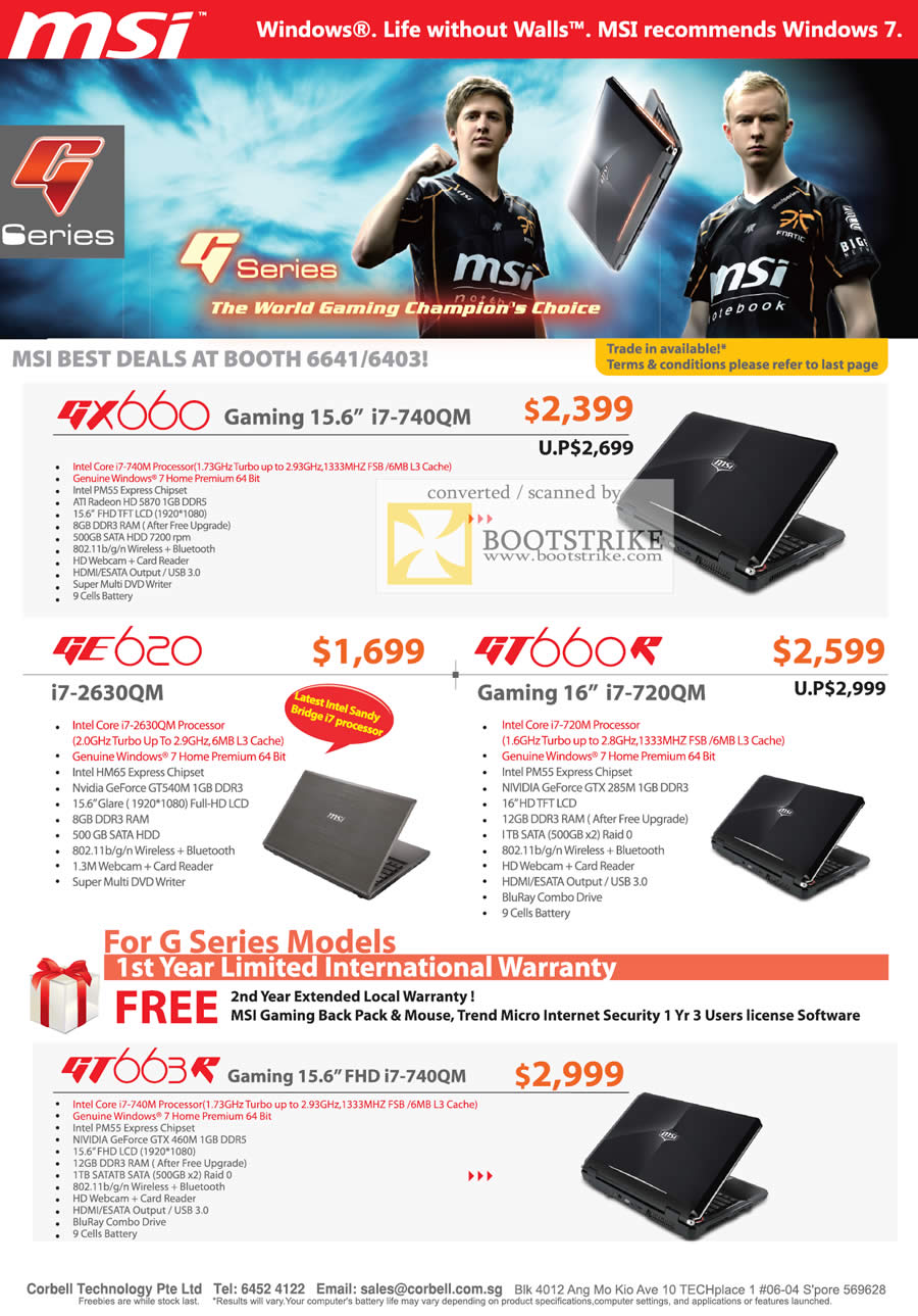 IT Show 2011 price list image brochure of MSI Corbell Gaming Notebooks G Series GX660 GE620 GT660R GT663R