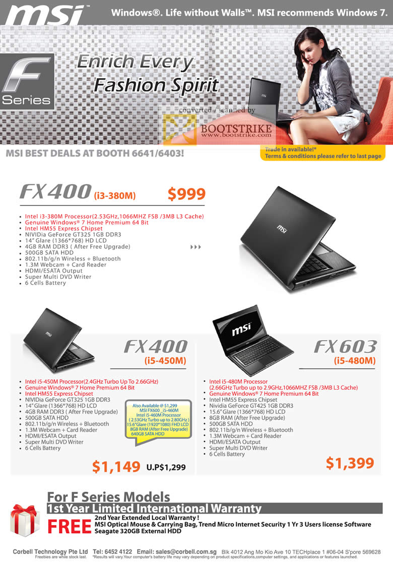 IT Show 2011 price list image brochure of MSI Corbell Notebooks F Series FX400 FX603