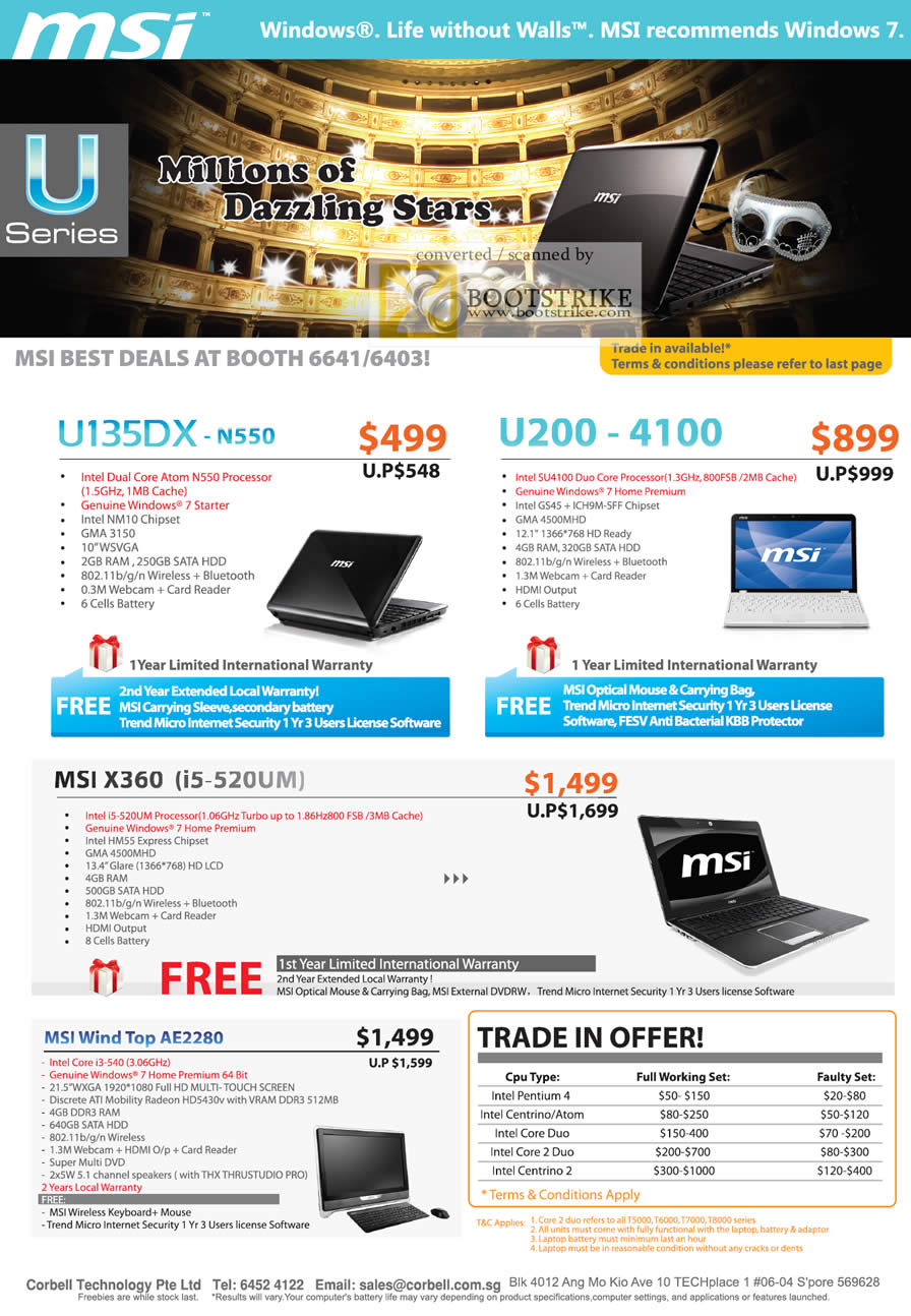 IT Show 2011 price list image brochure of MSI Corbell Notebooks U Series U135DX-N550 U200-4100 X360 Wind Top AE2280