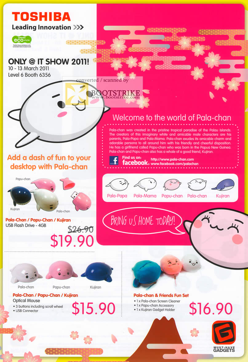 IT Show 2011 price list image brochure of Mclogic Toshiba Pala-Chan Papu-Chan Kujiran Friends Fun Set Optical Mouse Flash Drive