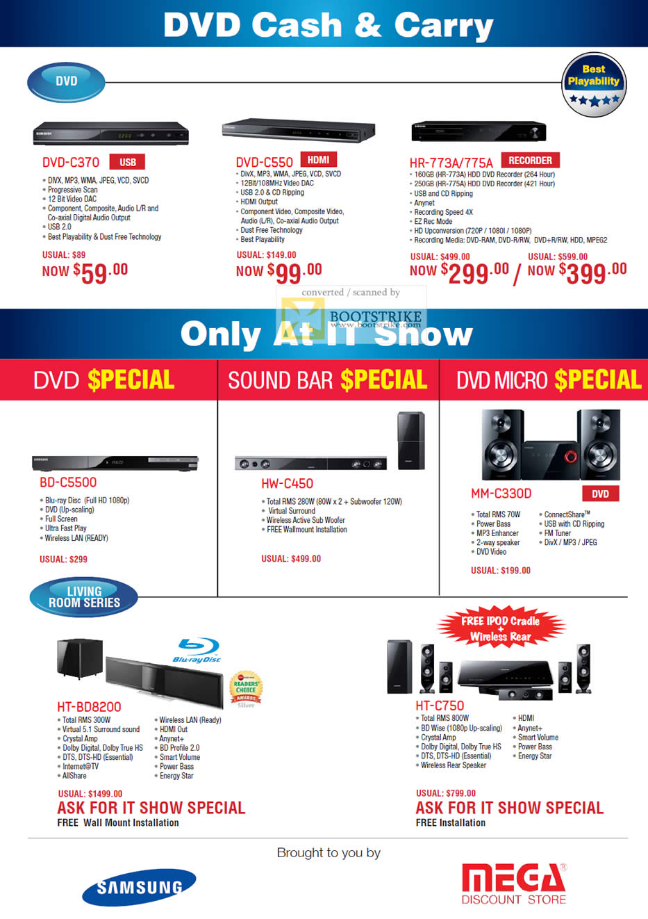 IT Show 2011 price list image brochure of Mega Discount Samsung DVD Players DVD-C370 DVD-C550 HR-733A 775A BD-C5500 HW-C450 MM-C330D HT-BD82200 HT-C750 Home Theater Hifi