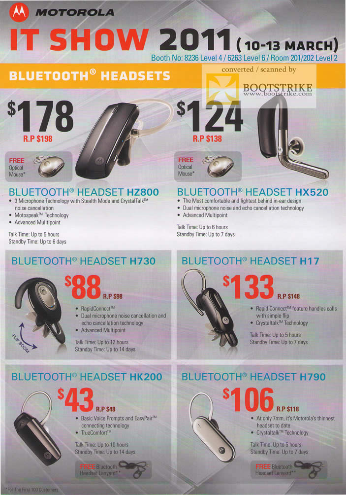 IT Show 2011 price list image brochure of Motorola Bluetooth Headsets HZ800 HX520 H730 H17 HK200 H790