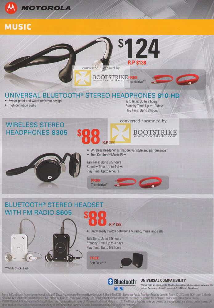 IT Show 2011 price list image brochure of Motorola Music Bluetooth Headphones S10-HD S305 S605 Stereo Headset