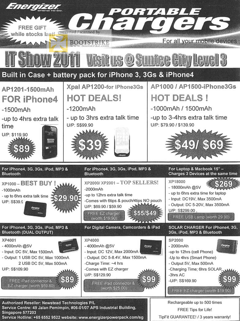IT Show 2011 price list image brochure of Newstead Energizer Charger AP1201 Xpal AP1200 AP1000 AP1500 IPhone 4 XP1000 XP2000 XP2001 XP18000 XP4001 XP4000 SP2000
