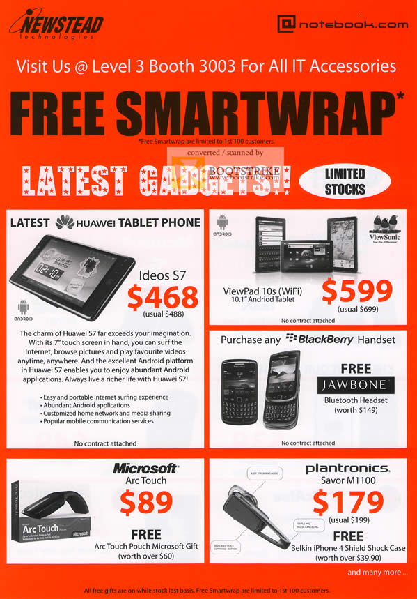 IT Show 2011 price list image brochure of Newstead Free Smartwrap Huawei Ideos S7 Tablet ViewPad 10s Blackberry Jawbone Microsoft Arc Touch Plantronics Savor M1100