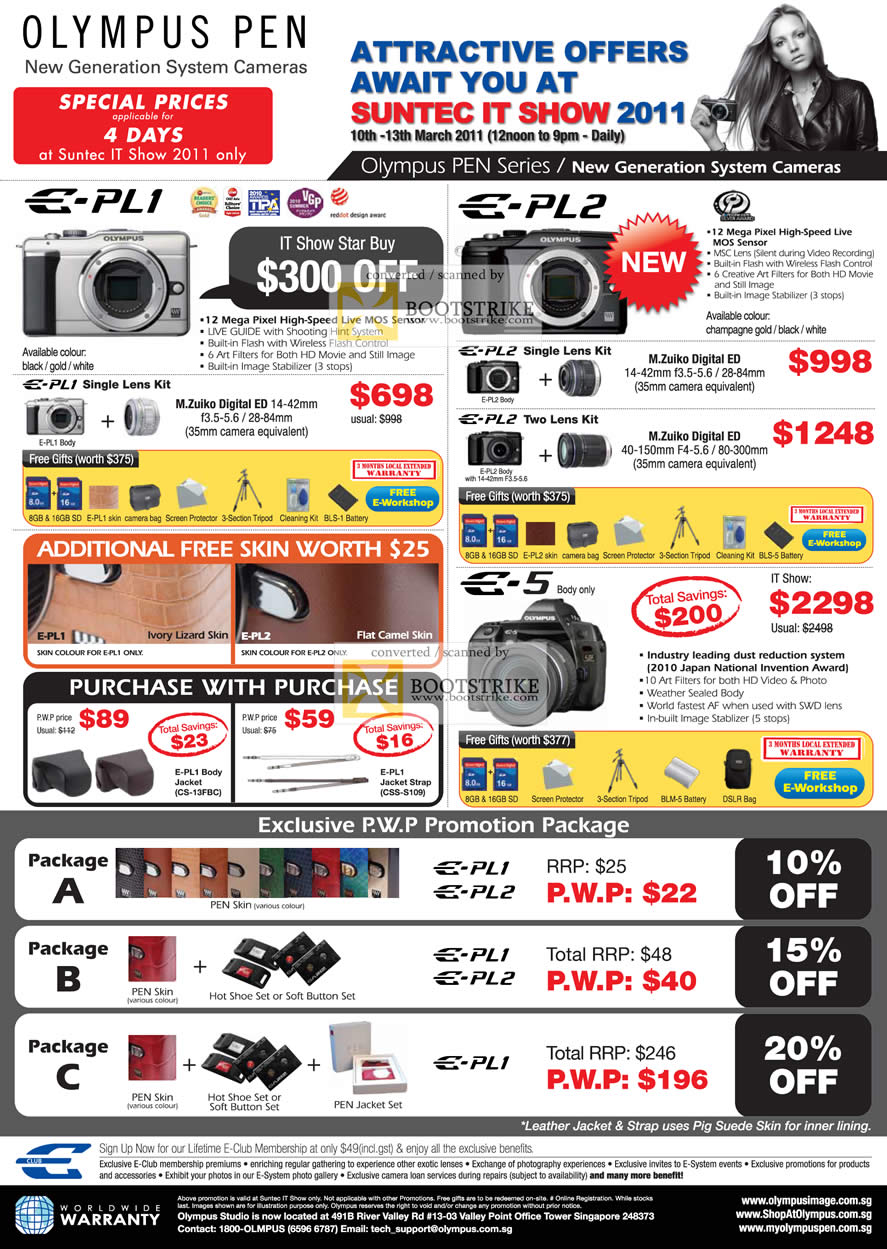 IT Show 2011 price list image brochure of Olympus Digital Cameras E-PL1 E-PL2 E-5 M.Zuiko Single Lens Kit Pen Series