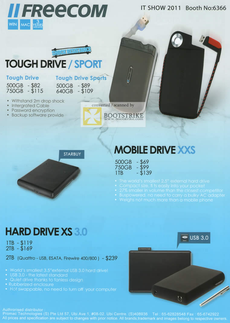IT Show 2011 price list image brochure of Promac Freecom External Storage Tough Drive Sports Mobile Drive XXS Hard Drive XS 3.0 Quattro Esata Firewire