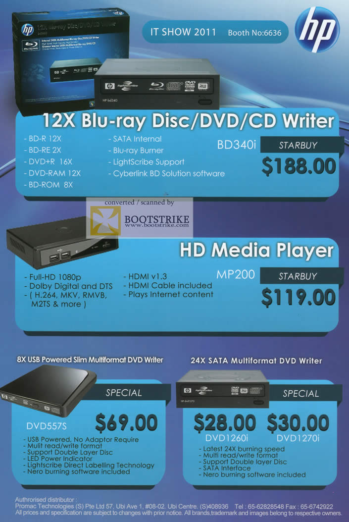 IT Show 2011 price list image brochure of Promac HP Blu-Ray DVD Writer BD240i HD Media Player MP200 Slim DVD557S DVD1260i DVD1270i