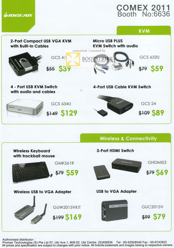 IT Show 2011 price list image brochure of Promac Iogear USB VGA KVM Switch Micro USB Wireless Keyboard Trackball Mouse HDMI Switch USB To VGA Adapter