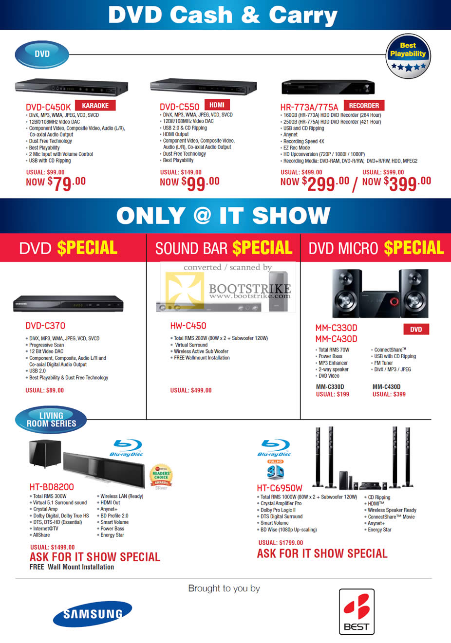 IT Show 2011 price list image brochure of Samsung DVD Players DVD-C450K DVD-C550 HR-773A 775A DVD-C370 HW-C450 MM-C330D MM-430D HT-BD8200 HT-C6950W Best Denki
