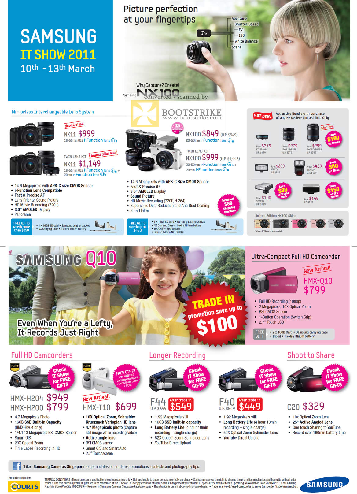 IT Show 2011 price list image brochure of Samsung Digital Cameras Mirrorless Interchangeable Lens NX11 NX100 Video Camcorders HMX H204 H200 T10 F44 F40 C20
