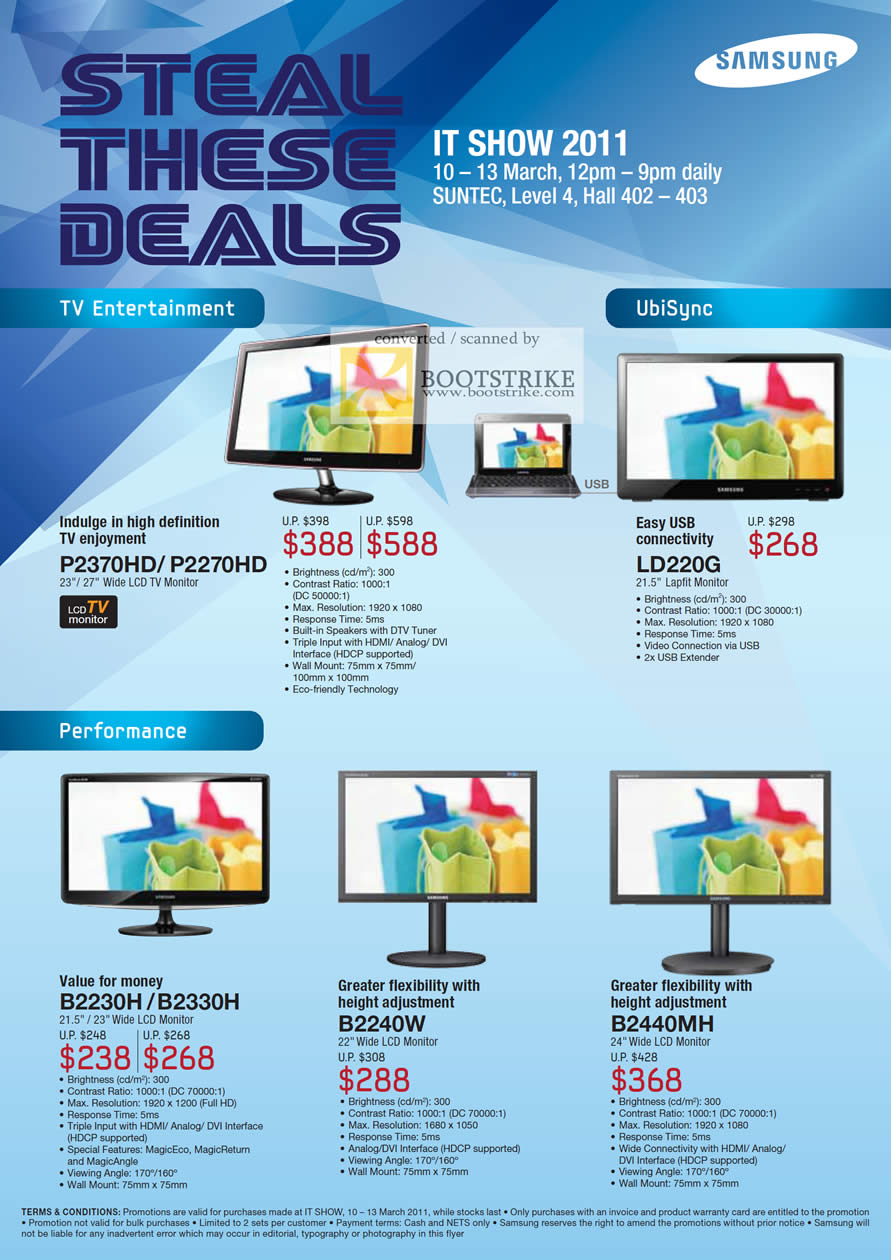 IT Show 2011 price list image brochure of Samsung LCD Monitors TV P2370HD P2270HD LD220G B2230H B2330H B2240W B2440MH
