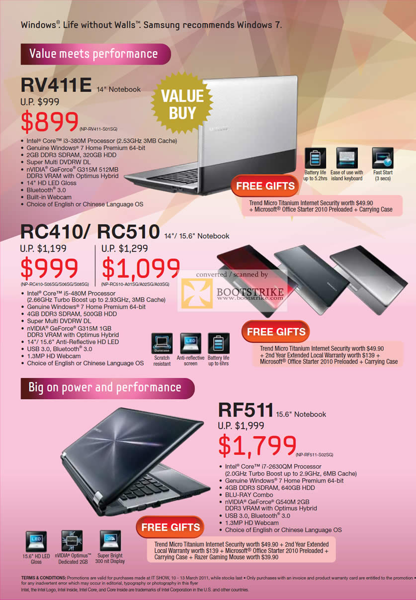 IT Show 2011 price list image brochure of Samsung Notebooks RV411E RC410 RC510 RF511