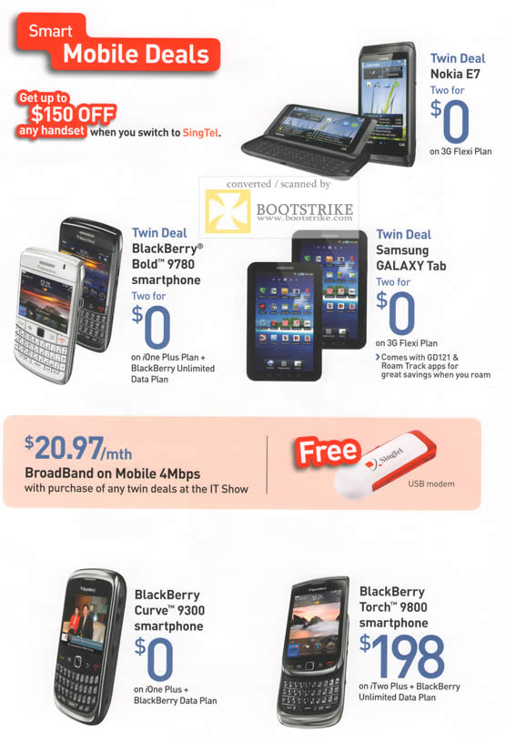IT Show 2011 price list image brochure of Singtel Business Mobile Nokia E7 Blackberry Bold 9780 Samsung Galaxy Tab Broadband On Mobile
