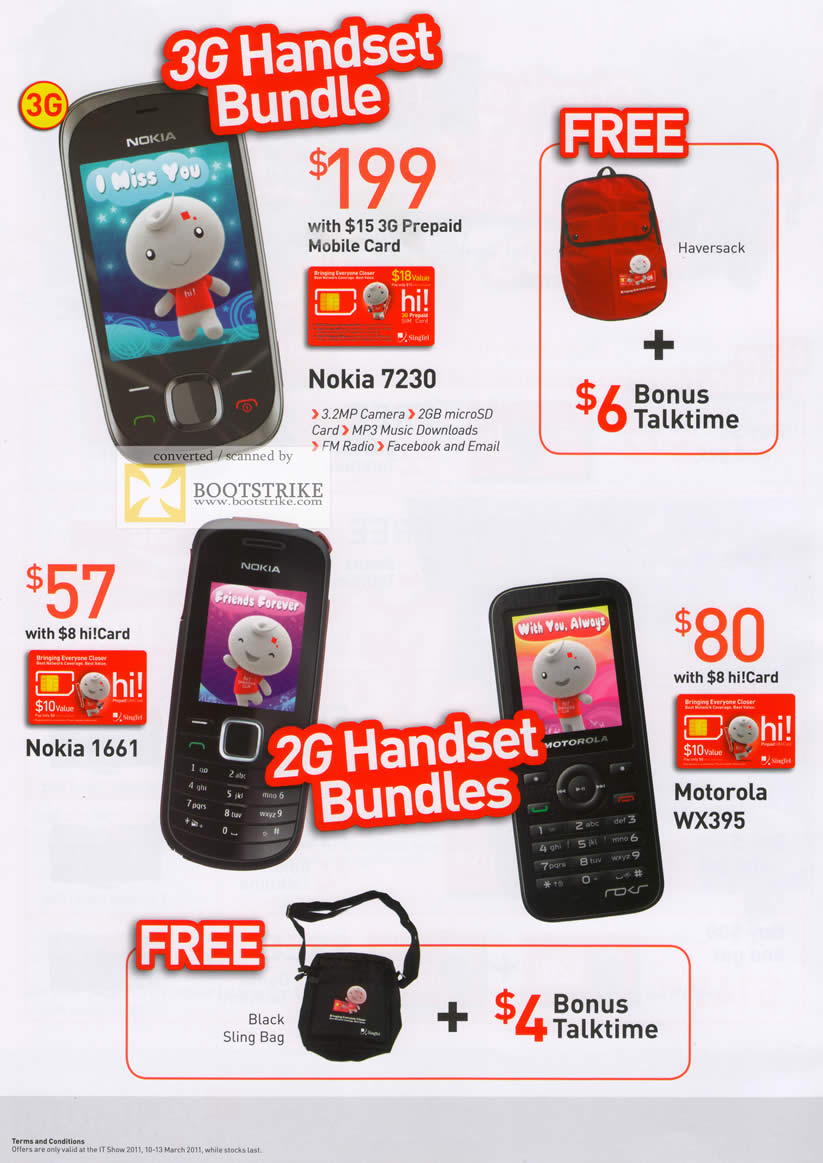 IT Show 2011 price list image brochure of Singtel Mobile Prepaid 3G Handset Bundles 2G Nokia 7230 1661 Motorola WX395