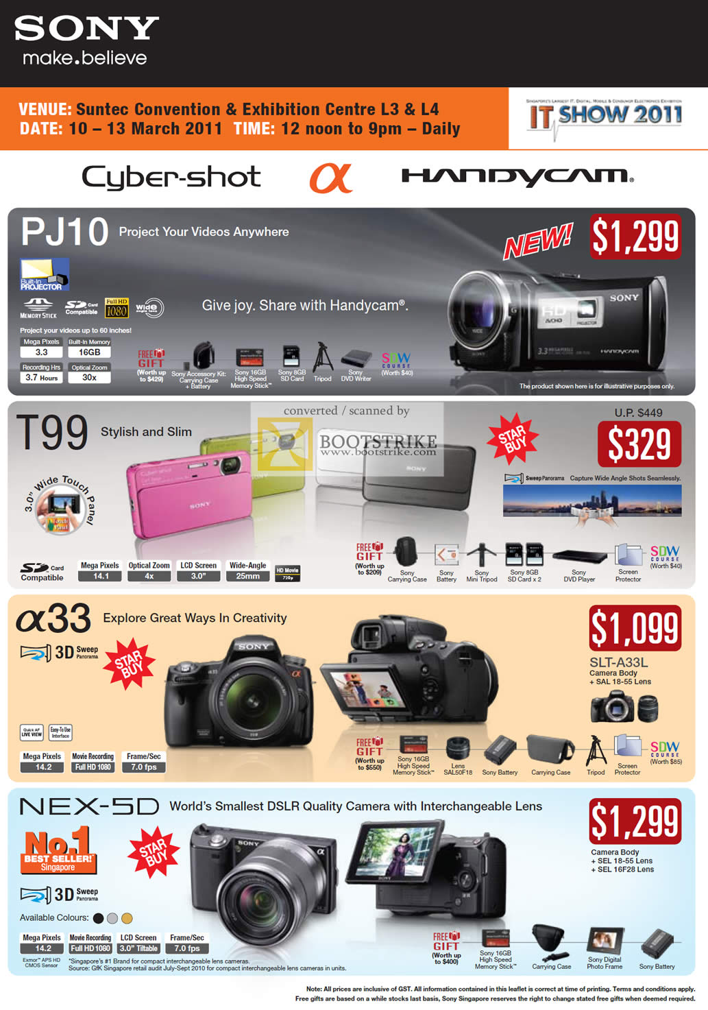 IT Show 2011 price list image brochure of Sony Digital Cameras Cybershot Alpha Handycam PJ10 T99 A33 NEX-5D DSLR