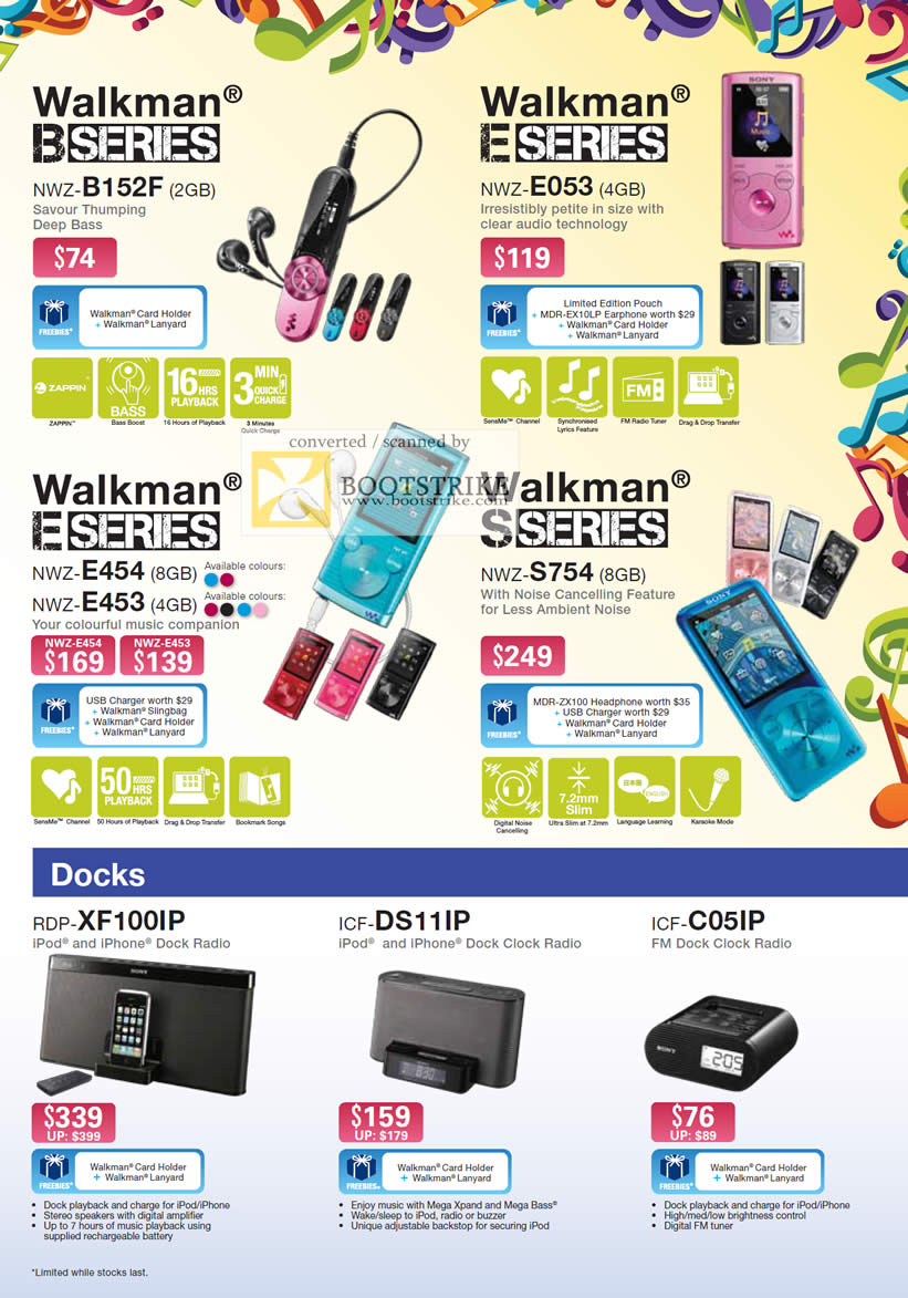 IT Show 2011 price list image brochure of Sony Walkman B E S Series NWZ-B152F E053 E454 E453 S754 Docks IPod IPhone RDP XF100IP ICF-DS11IP C05IP