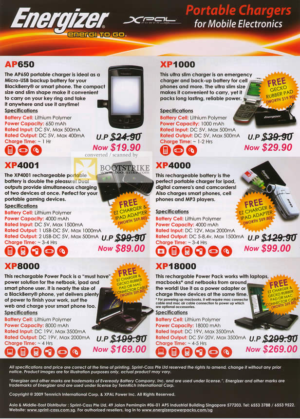 IT Show 2011 price list image brochure of Sprint-Cass Energizer Portable Chargers AP650 XP1000 XP4001 XP4000 XP8000 XP18000