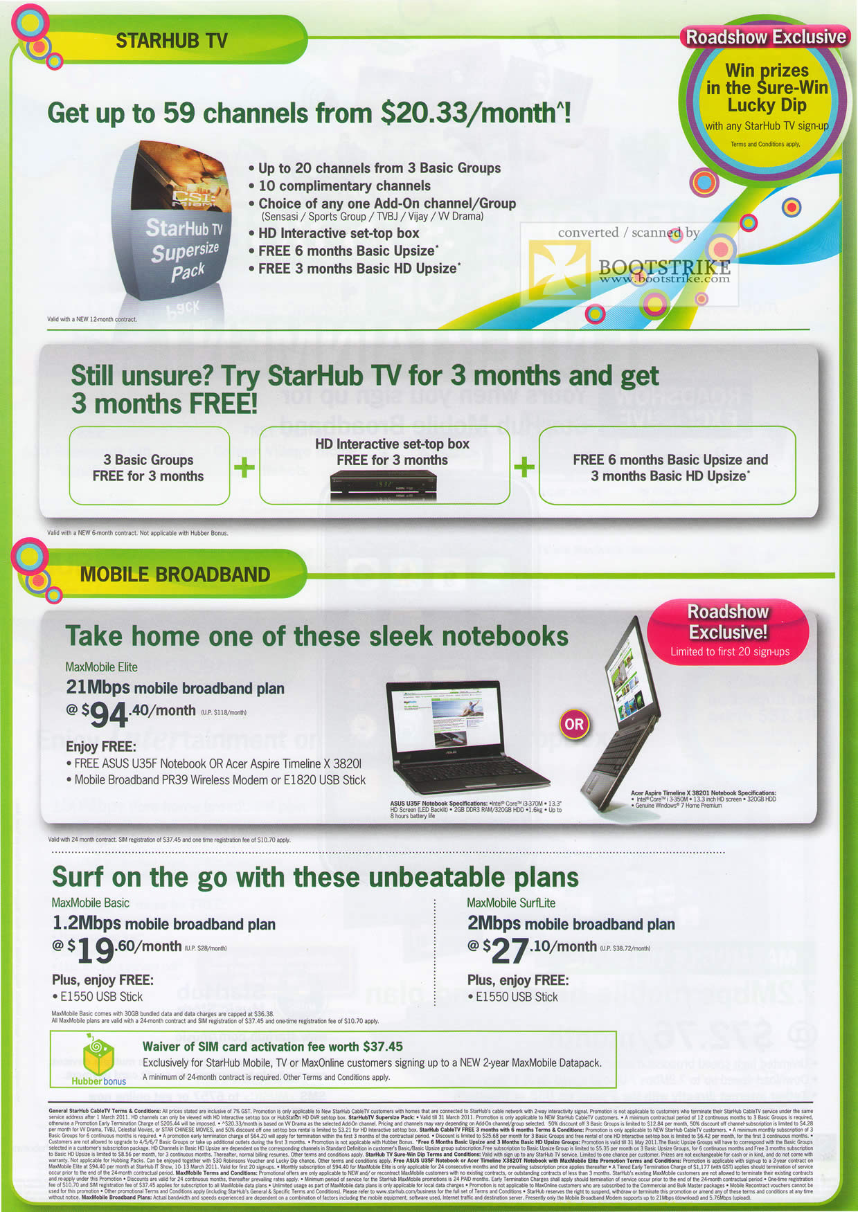 IT Show 2011 price list image brochure of Starhub TV 59 Channels Supersize Pack Mobile Broadband MaxMobile SurfLite Acer Aspire Timeline X 38201 ASUS U35F