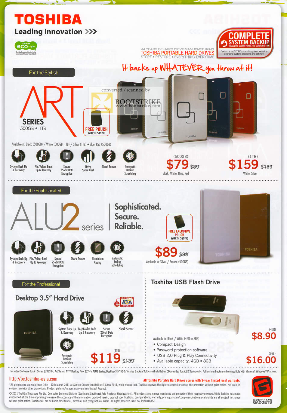 IT Show 2011 price list image brochure of Toshiba External Storage Art Series Alu2 Desktop Hard Drive USB Flash Drive