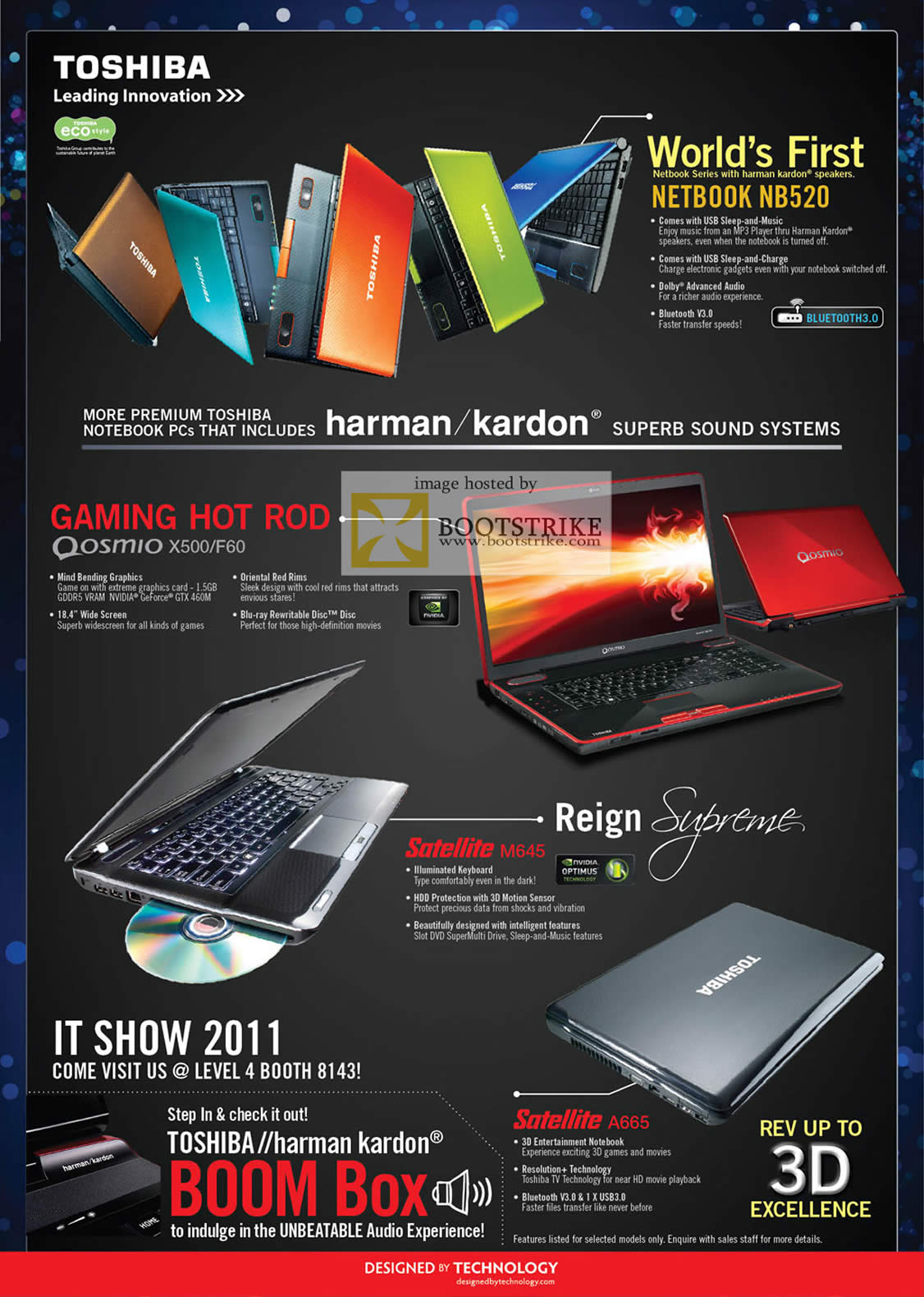 IT Show 2011 price list image brochure of Toshiba Notebooks Netbook NB520 Bluetooth Harman Kardon Speakers Qosmio X500 F60 Satellite M645 A665
