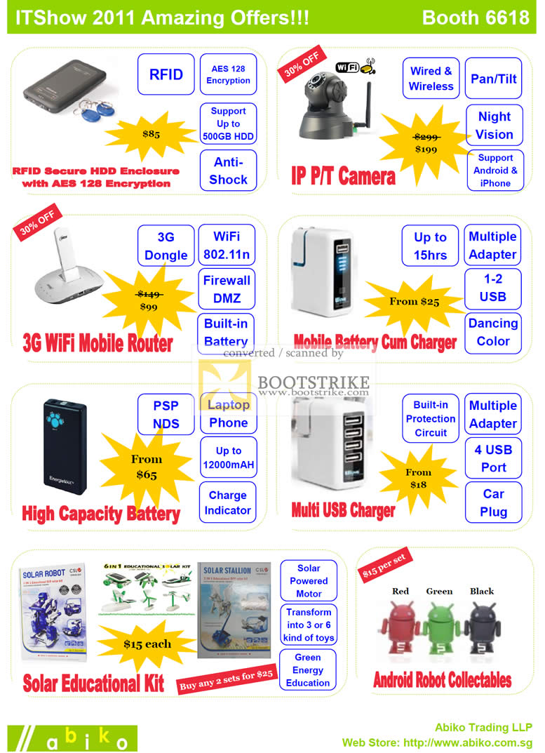 IT Show 2011 price list image brochure of Vectra Abiko RFID HDD Enclosure IPCam 3G Wireless Router Mobile Charger Battery Android Robot Solar Educational Kit