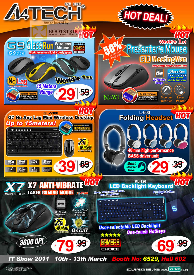 IT Show 2011 price list image brochure of Vertex A4Tech Mouse Keyboard G9 350 G10 G7 L-600 Headset X7 Laser LED Backlight Keyboard KL-126