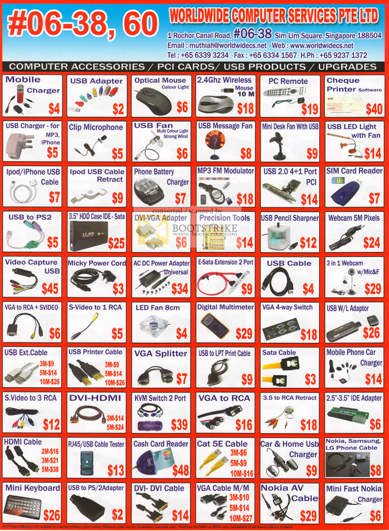 IT Show 2011 price list image brochure of Worldwide Computer Accessories Mobile Charger USB Cable VGA Splitter DVI HDMI Webcam Fan Optical Mouse