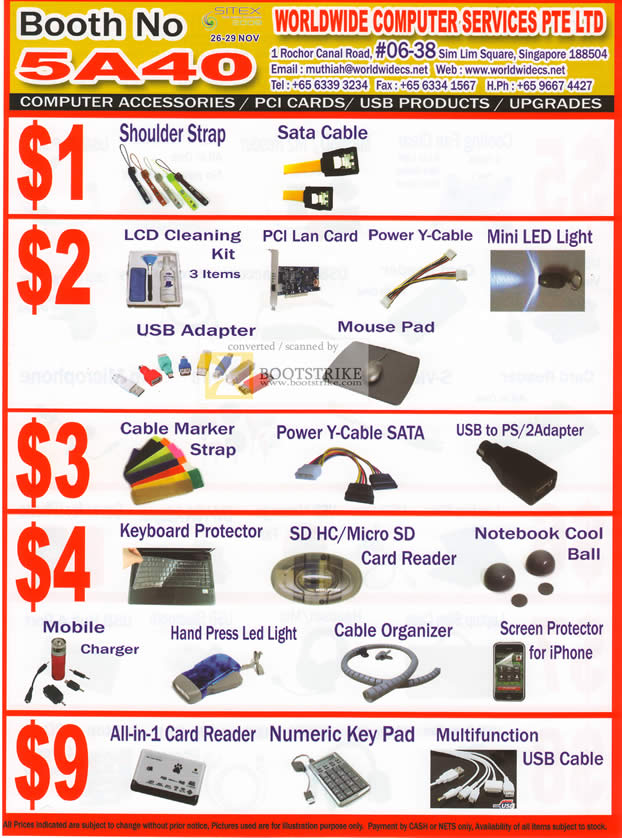 IT Show 2011 price list image brochure of Worldwide Computer Accessories Shoulder Strap LCD Cleaning Card Reader Screen Protector LAN Card