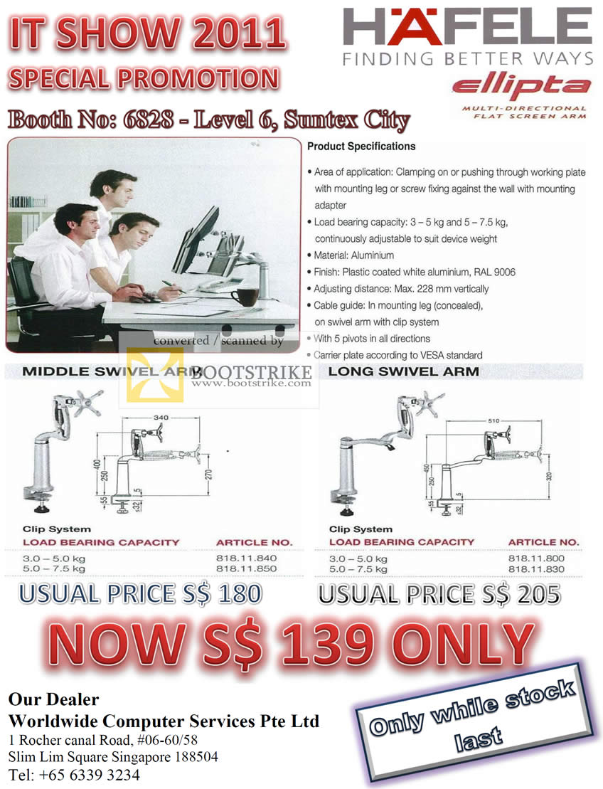 IT Show 2011 price list image brochure of Worldwide Computer Hafele Ellipta Multi Directional Flat Screen Arm