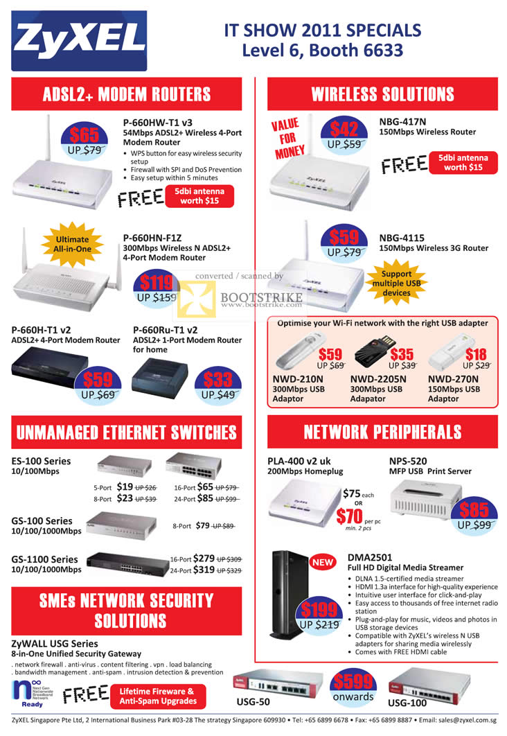 IT Show 2011 price list image brochure of Zyxel ADSL Modem Routers Wireless P-660HW-T1 NBG-417N NBG4115 Ethernet Switch Homeplug PLA-400 NPS-520 DMA2501 Media Player
