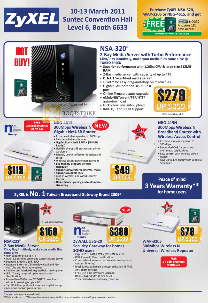 IT Show 2011 price list image brochure of Zyxel NSA-320 Media Server NBG-4615 Wireless N Gigabit Router NBG-419N NSA-221 ZyWALL USG-20 WAP-3205