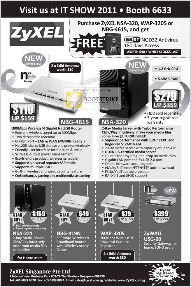 IT Show 2011 price list image brochure of Zyxel Wireless N Gigabit Router NBG-4615 NSA-320 WAP-3205 NSA-221 NBG-491N WAP-3205 ZyWall USG-20