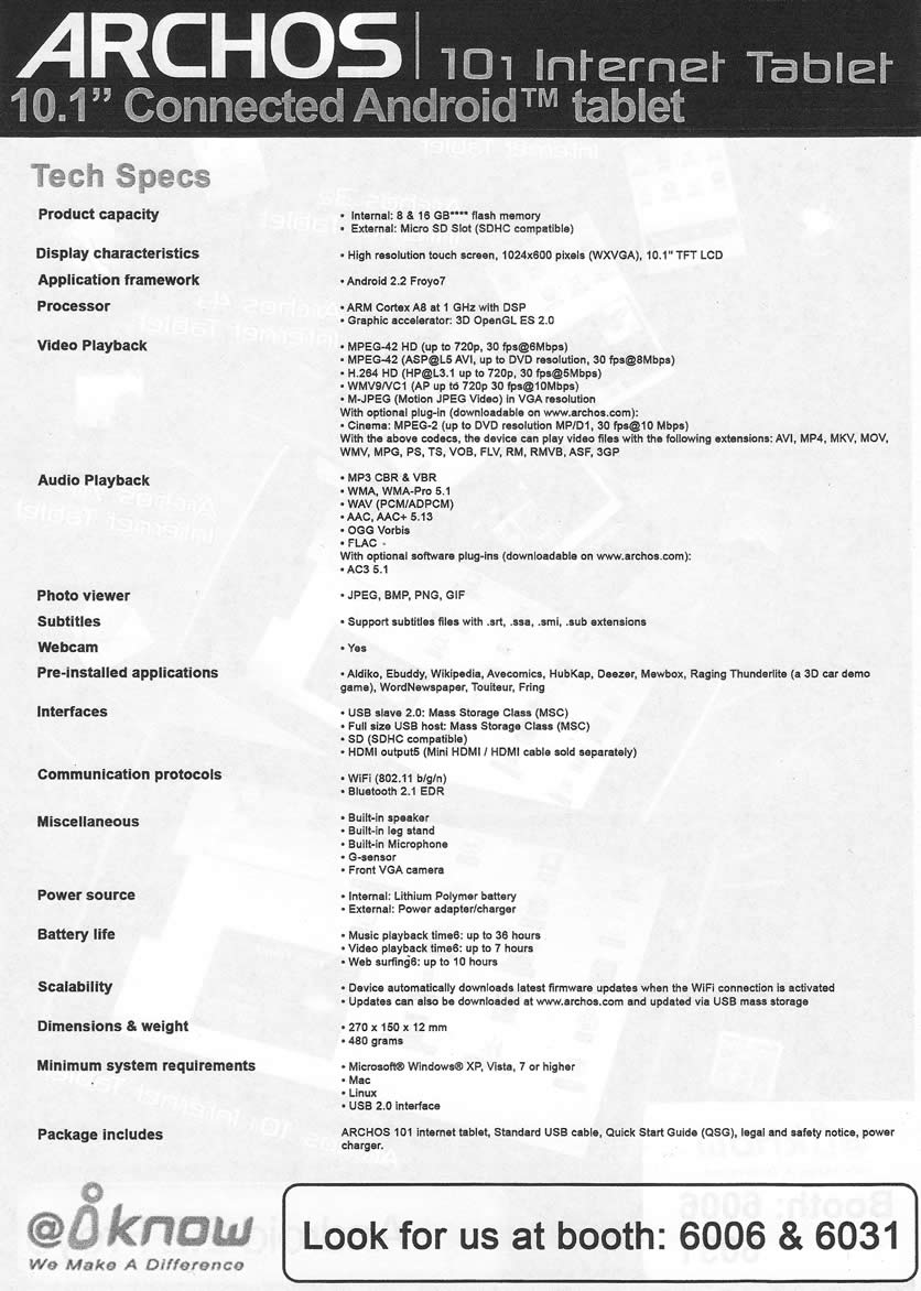 IT Show 2011 price list image brochure of IKnow Archos 101 Internet Tablet Technical Specifications Android