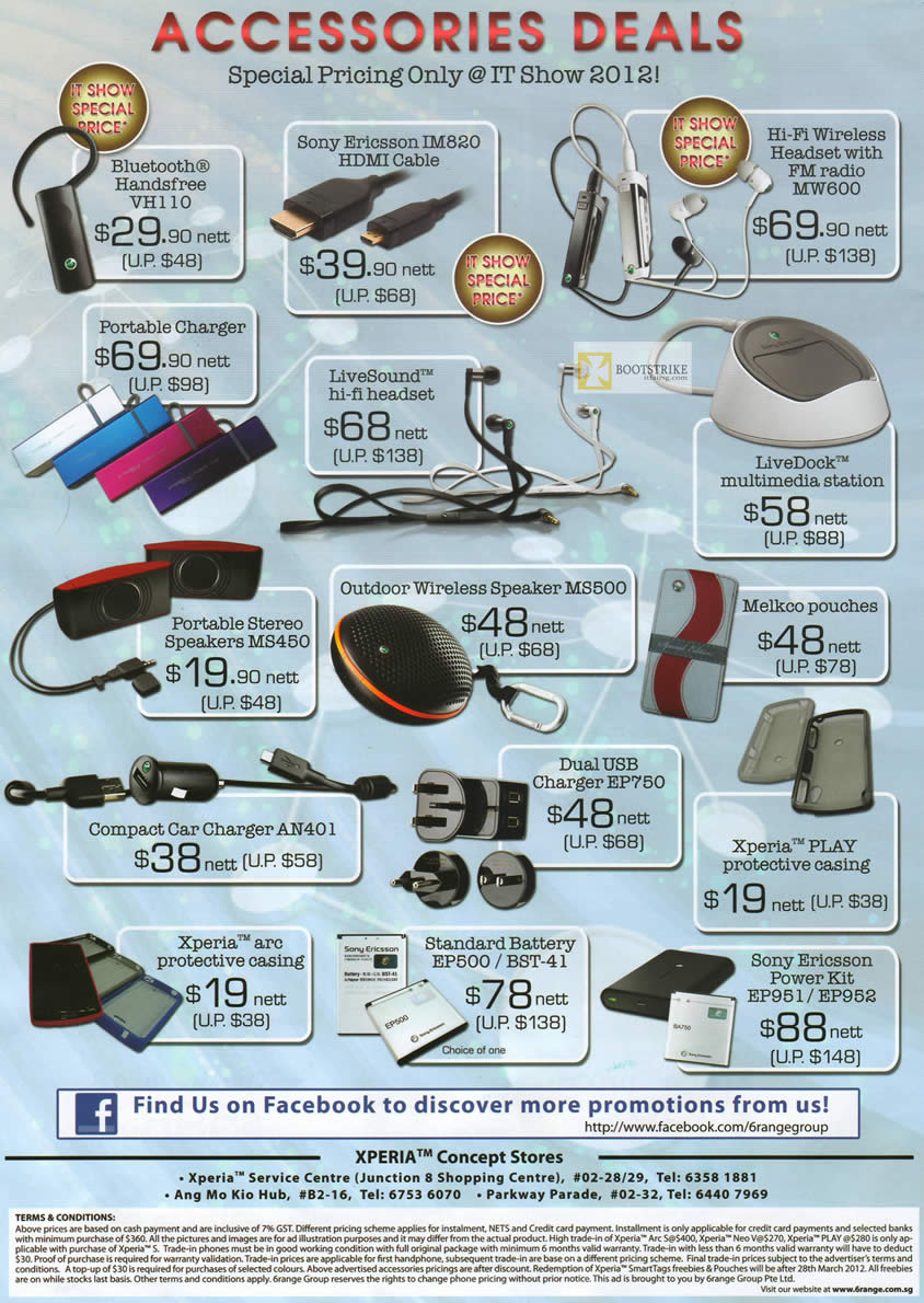 IT SHOW 2012 price list image brochure of 6range Sony Accessories, Bluetooth VH110, Hi-Fi Wireless MW600, Charger, LiveSound, Speaker, Battery, Power Kit