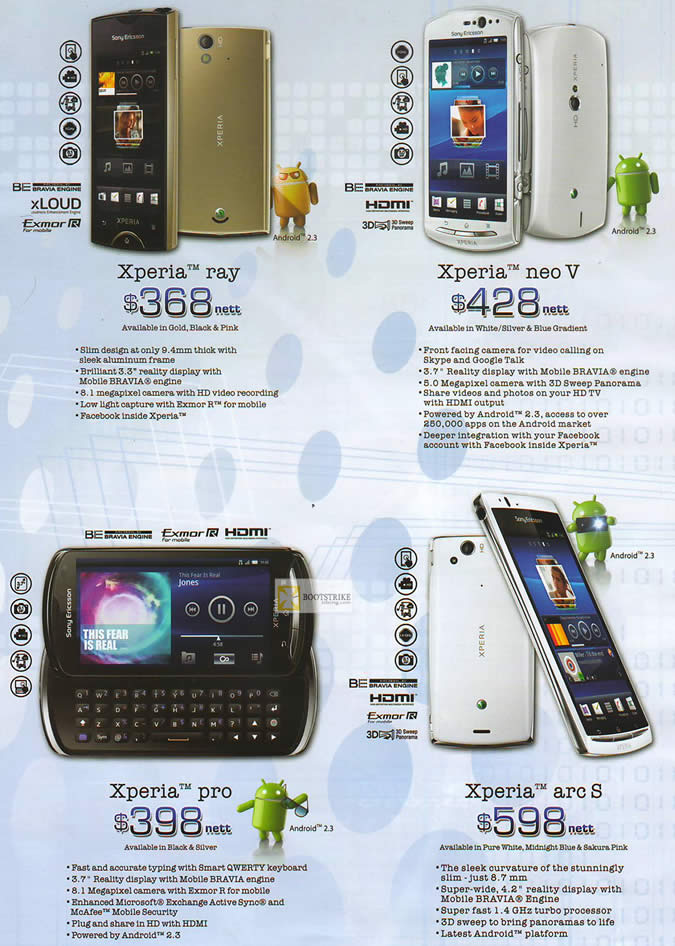 IT SHOW 2012 price list image brochure of 6range Sony Smartphones Xperia Ray, Xperia Neo V, Xperia Pro, Xperia Arc S