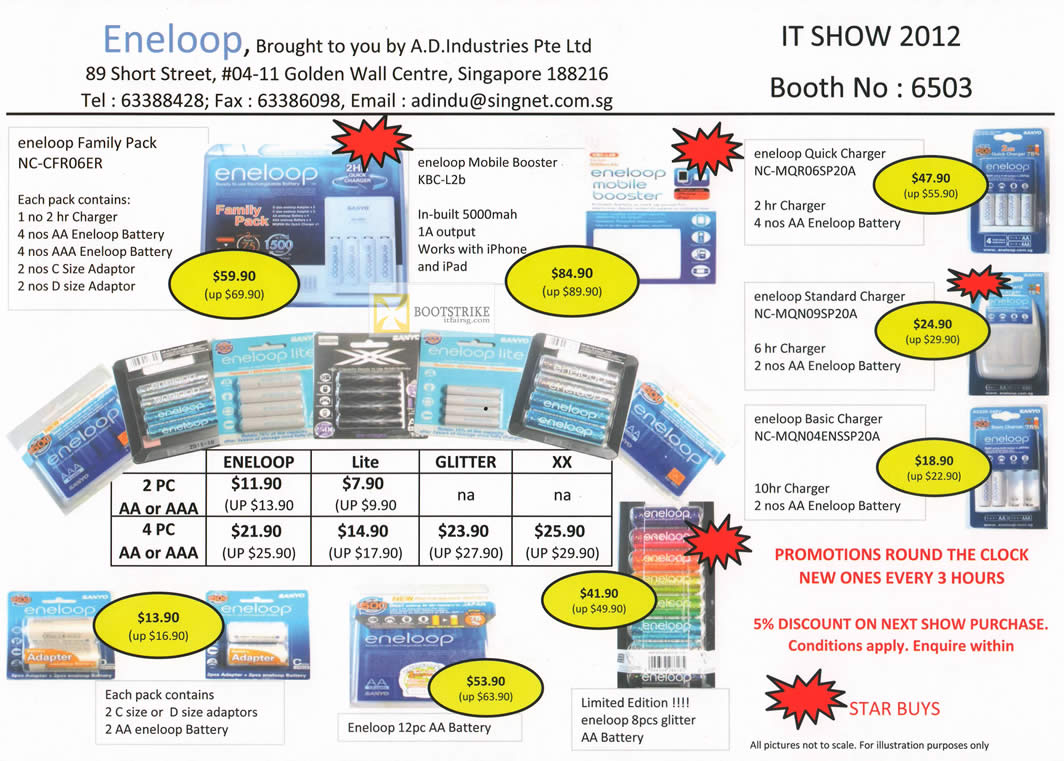 IT SHOW 2012 price list image brochure of A.D. Industries Sanyo Eneloop Battery AA AAA, Lite, Glitter, XX, NC-CFR06ER, Mobile Booster KBC-L2b, Quick Charger NC-MQR06SP20A, NC-MQN09SP20A