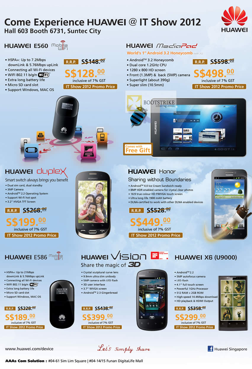 IT SHOW 2012 price list image brochure of AAAs Com Newstead Huawei Tablets E560, MediaPad, Smartphones Duplex, Honor, E586, Vision, X6 U9000