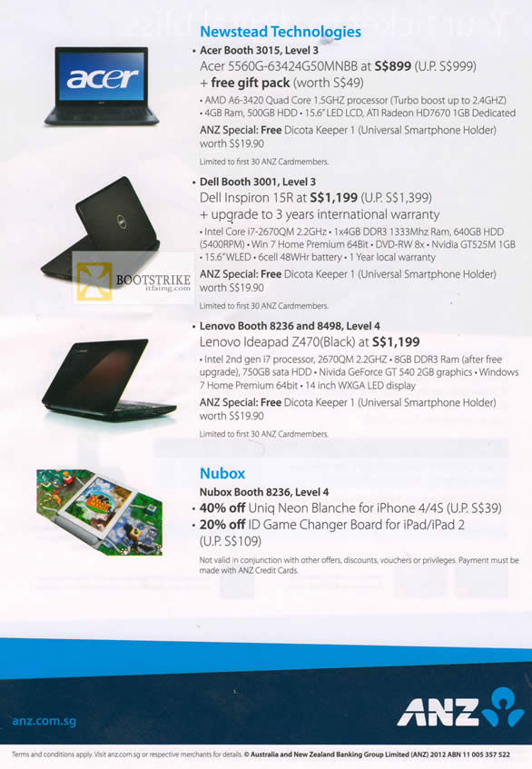 IT SHOW 2012 price list image brochure of ANZ Specials Newstead, Acer, Dell, Lenovo, Nubox