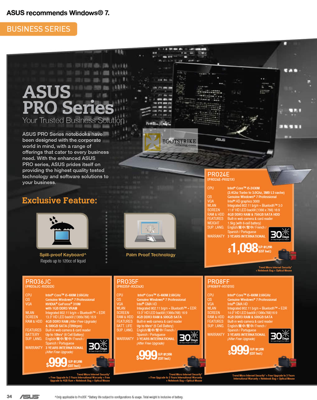 IT SHOW 2012 price list image brochure of ASUS Notebooks Pro Business PR024E-PX021X, PRO36JC-RX302X, PRO35F-RX234X, PRO8FF-V0101X