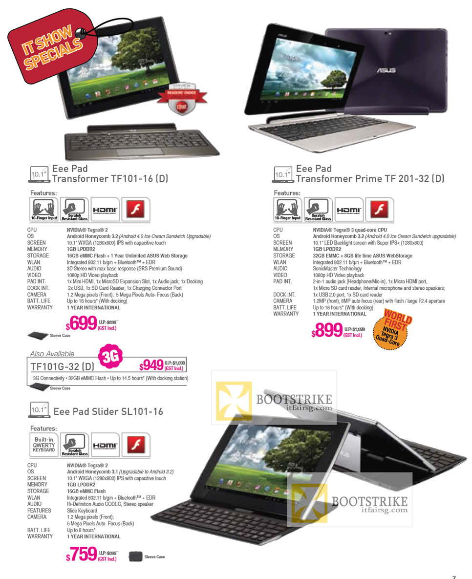 IT SHOW 2012 price list image brochure of ASUS Notebooks Tablets Eee Pad Transformer TF101-16, Transformer Prime TF201-32, TF101G-32, Eee Pad Slider SL101-16