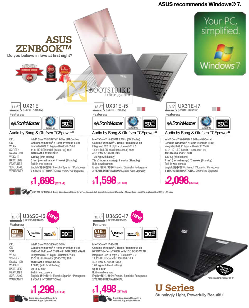 IT SHOW 2012 price list image brochure of ASUS Notebooks Zenbook, Bang Olufscen Icepower Audio, UX21E-KX008V, UX31E-RY009V, UX31E-RY010V, U36SG-RX162V, U36SG-RX152V