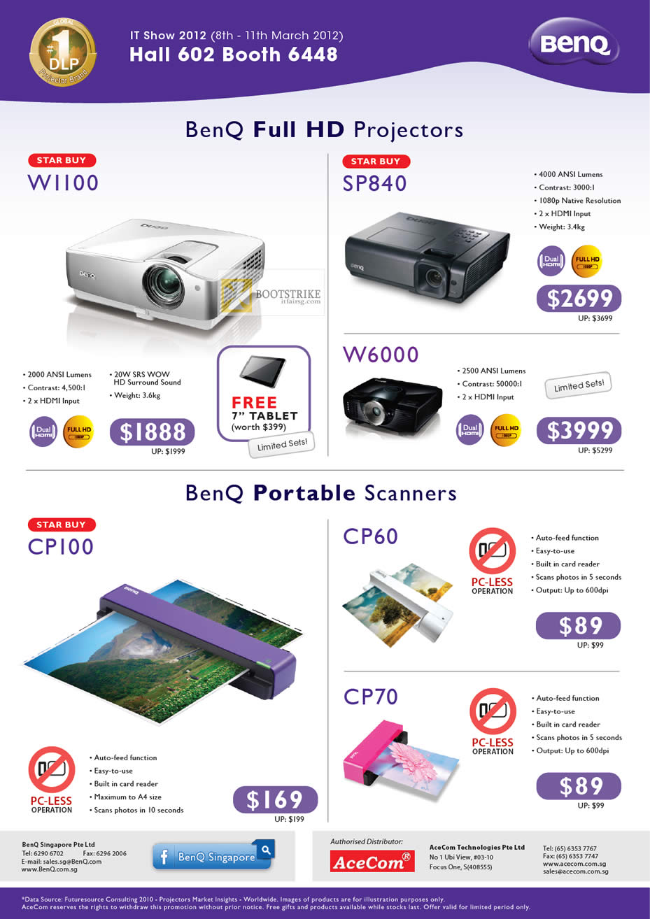 IT SHOW 2012 price list image brochure of Acecom Benq Portable Scanners, Projectors W110, SP840, W6000, CP100, CP60, CP70