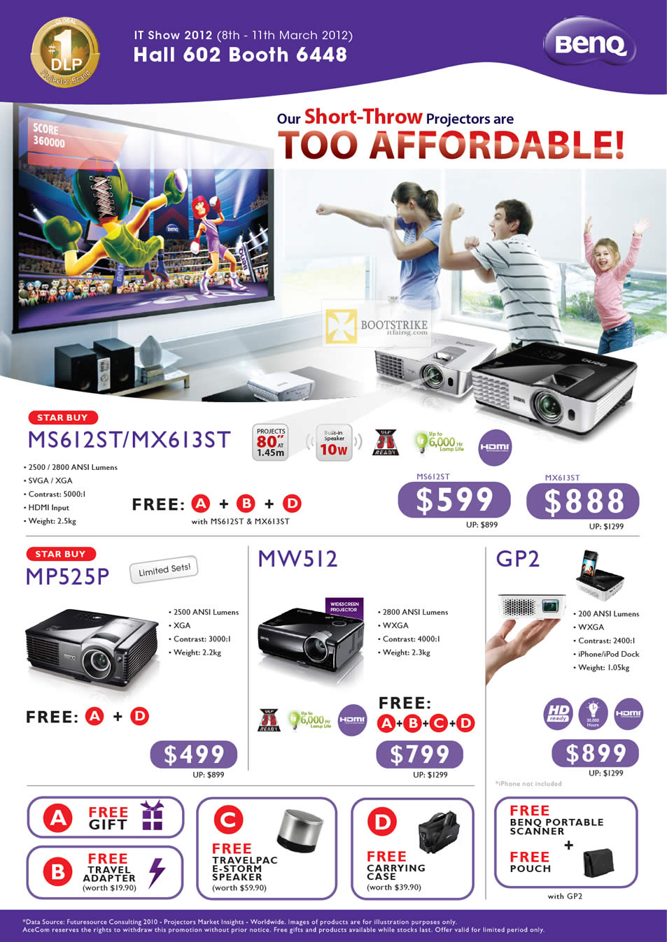 IT SHOW 2012 price list image brochure of Acecom Benq Projectors MS612ST, MX613ST, MP525P, MW512, GP2
