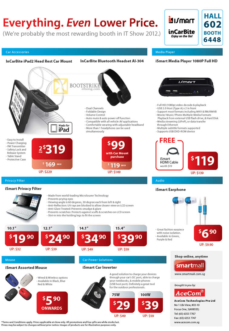 IT SHOW 2012 price list image brochure of Acecom InCarBite IPad2 Head Rest Car Mount, Bluetooth Headset AI-304, ISmart Media Player, Privacy Filter, Earphone, Car Inverter, Mouse