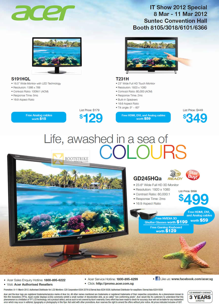 IT SHOW 2012 price list image brochure of Acer Monitors LED S191HQL, T231H Touch, GD245HQa 3D Monitor