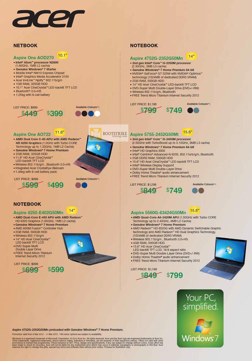 IT SHOW 2012 price list image brochure of Acer Notebooks Netbooks Aspire One AOD270, A0722, Aspire 4250-E402G50Mn, 4752G-2352G50Mn, 5755-2452G50Mt, 5560G-63424G50Mn
