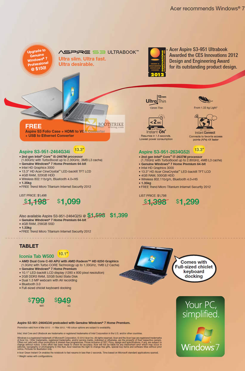 IT SHOW 2012 price list image brochure of Acer Notebooks S3 Ultrabook Aspire S3-951-2464G34i, S3-951-2634G52i, Tablet Iconia Tab W500