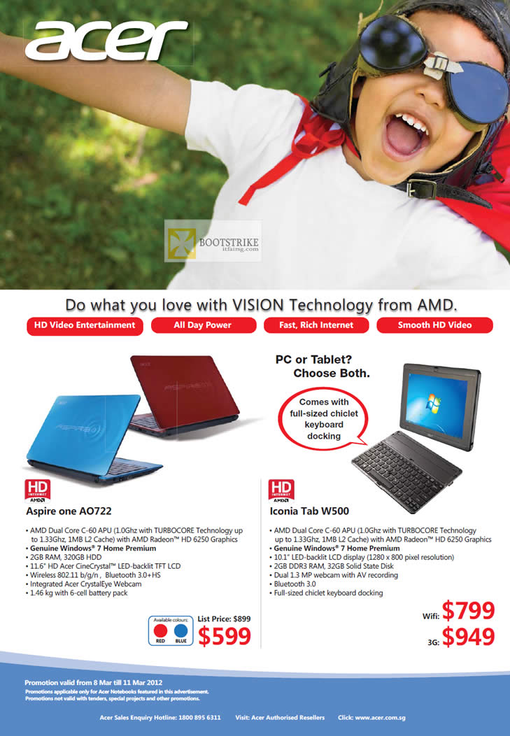 IT SHOW 2012 price list image brochure of Acer Notebooks Tablets Aspire One AO722, Iconia Tab W500