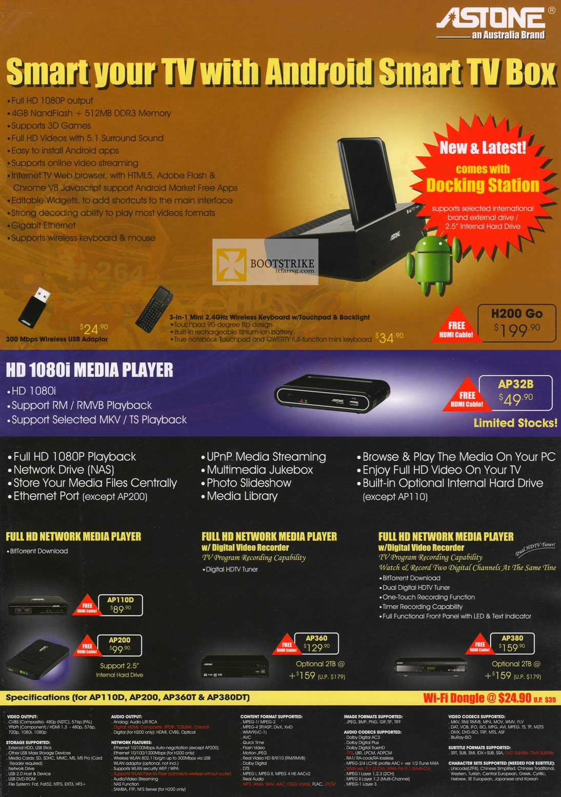 IT SHOW 2012 price list image brochure of Achieva Astone Android Smart TV Box H200 Go, Media Player, Digital Video Recorder DVR, AP110D, AP300, AP360, AP380